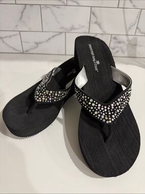 Montego Bay Club Black Wedge Sandals with Iridescent Rhinestones